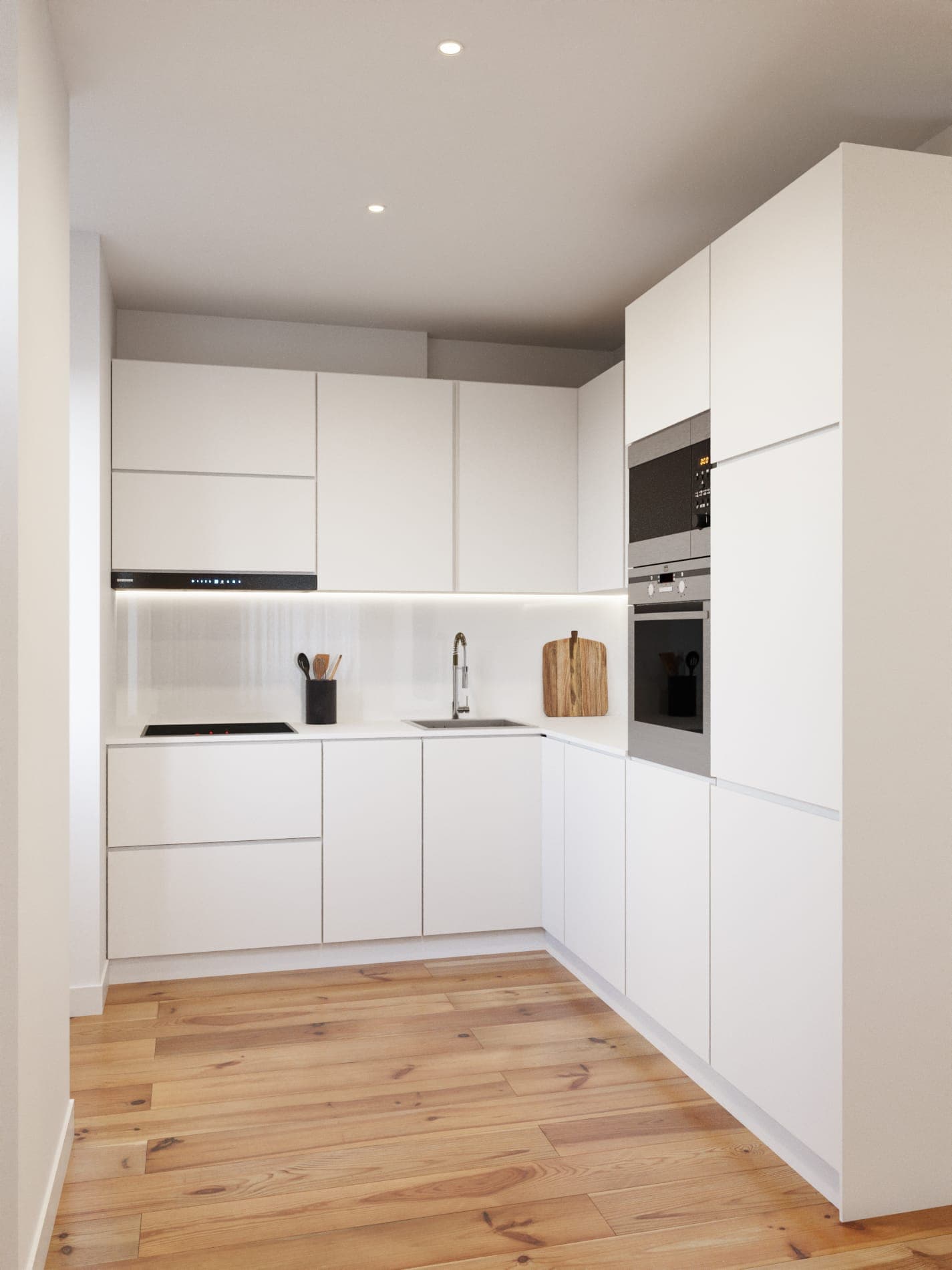 Cozinha em L com forno encastrado
