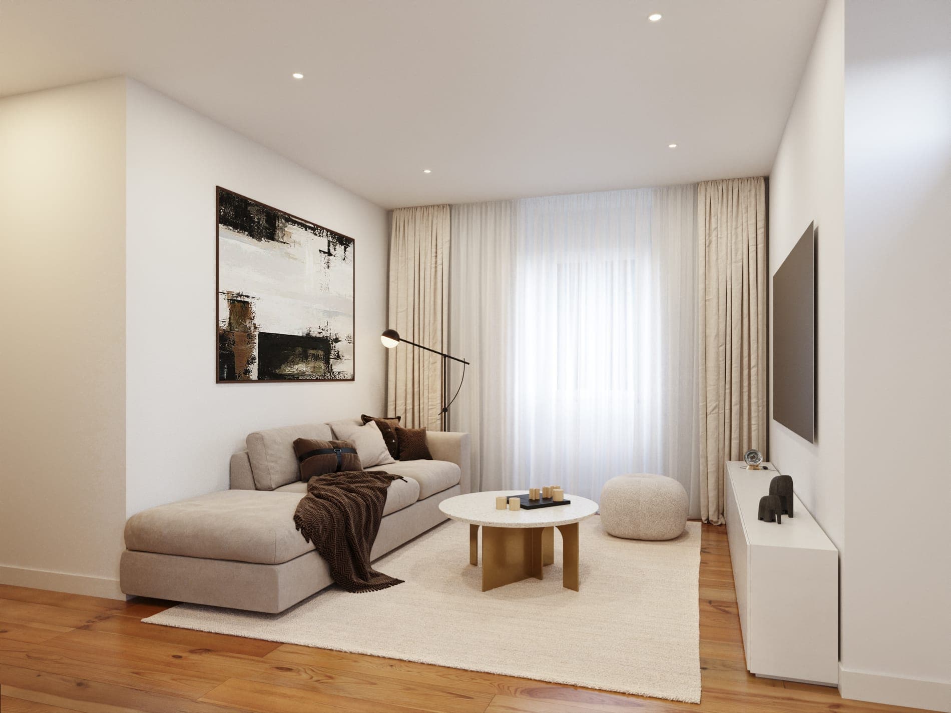 Sala com sofá de canto e televisão